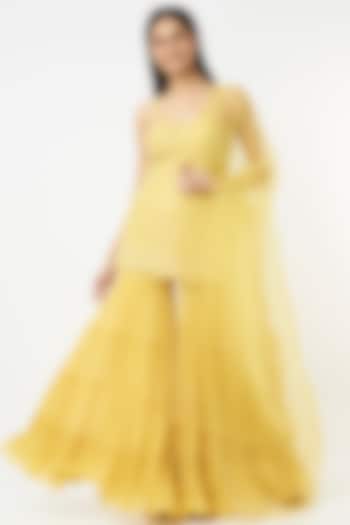Butter Yellow Gathered Sharara Set by COUTURE BY NIHARIKA