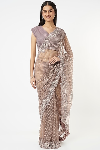 Dull Purple Hand Embroidered Saree Set by COUTURE BY NIHARIKA