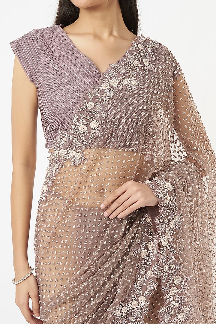 Dull Purple Hand Embroidered Reception Saree Set by COUTURE BY NIHARIKA at Pernia's Pop Up Shop