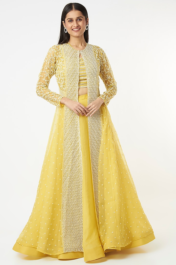 Butter Yellow Hand Embroidered Jacket Set by COUTURE BY NIHARIKA at Pernia's Pop Up Shop