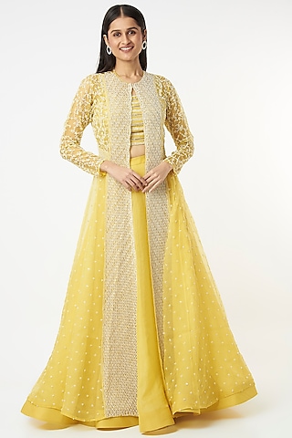Butter Yellow Hand Embroidered Jacket Set by COUTURE BY NIHARIKA