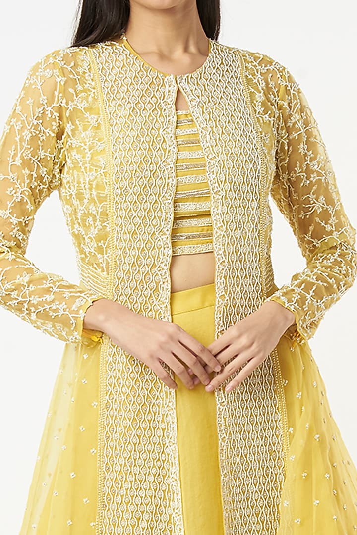 Butter Yellow Hand Embroidered Jacket Set by COUTURE BY NIHARIKA at Pernia's Pop Up Shop