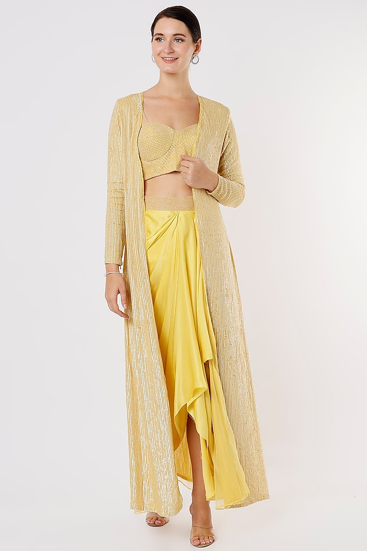 Yellow Georgette Jacket Set With Skirt by COUTURE BY NIHARIKA