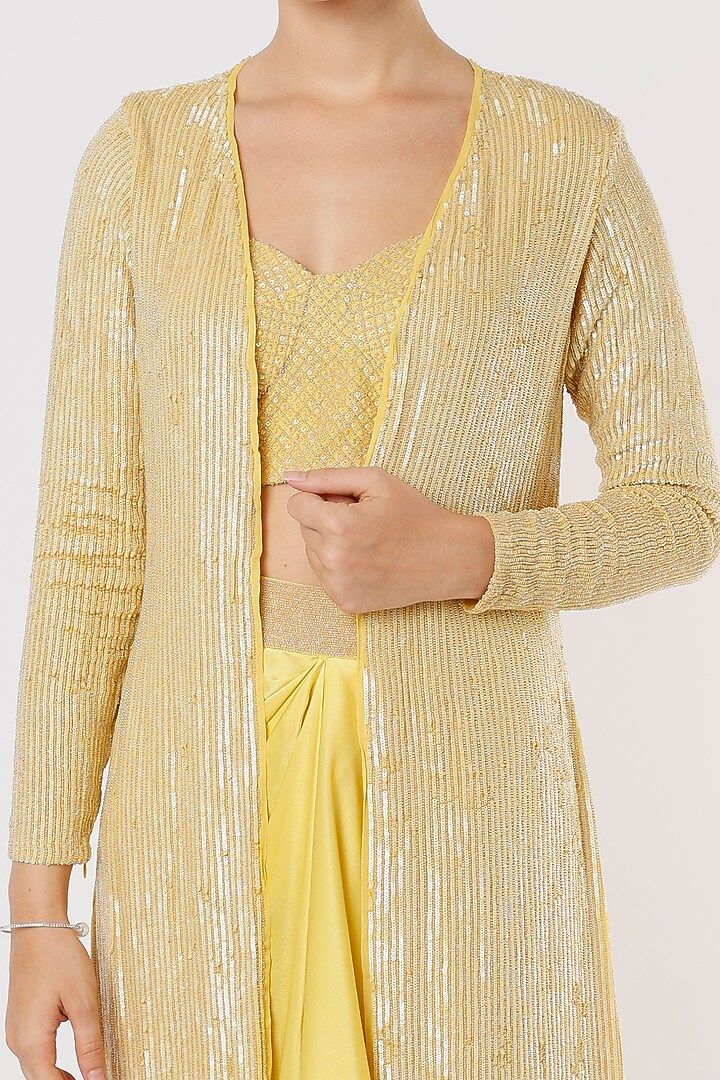 Yellow Georgette Jacket Set With Skirt by COUTURE BY NIHARIKA at Pernia's Pop Up Shop