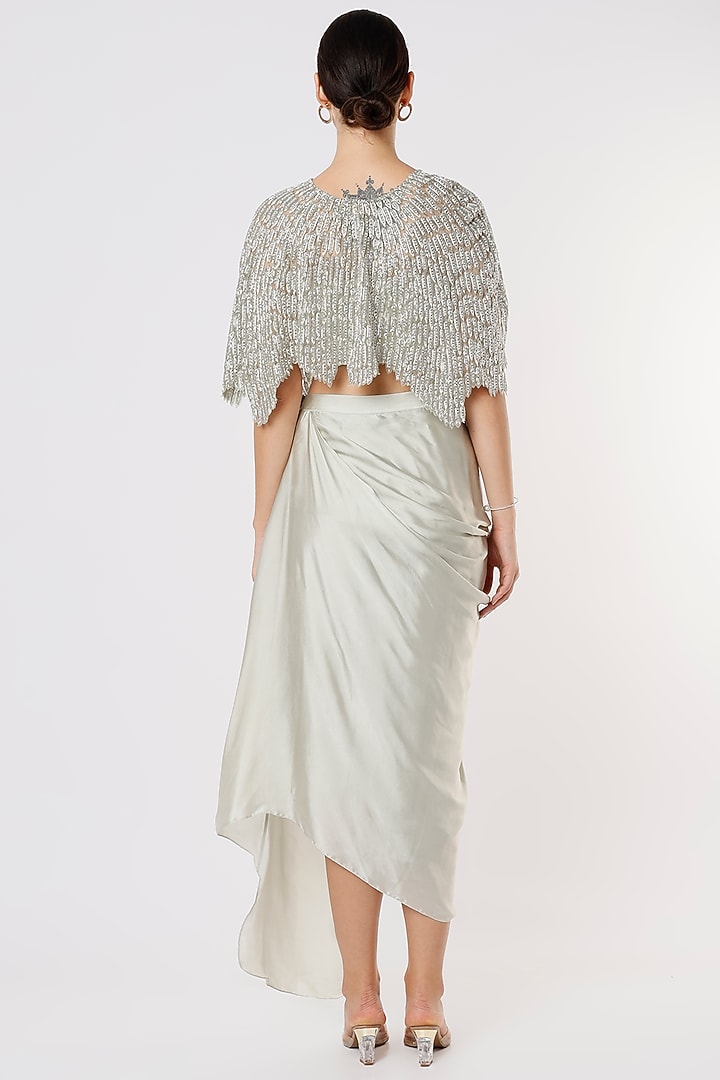 Dusty Green Pure Satin Draped Skirt Set by COUTURE BY NIHARIKA at Pernia's Pop Up Shop