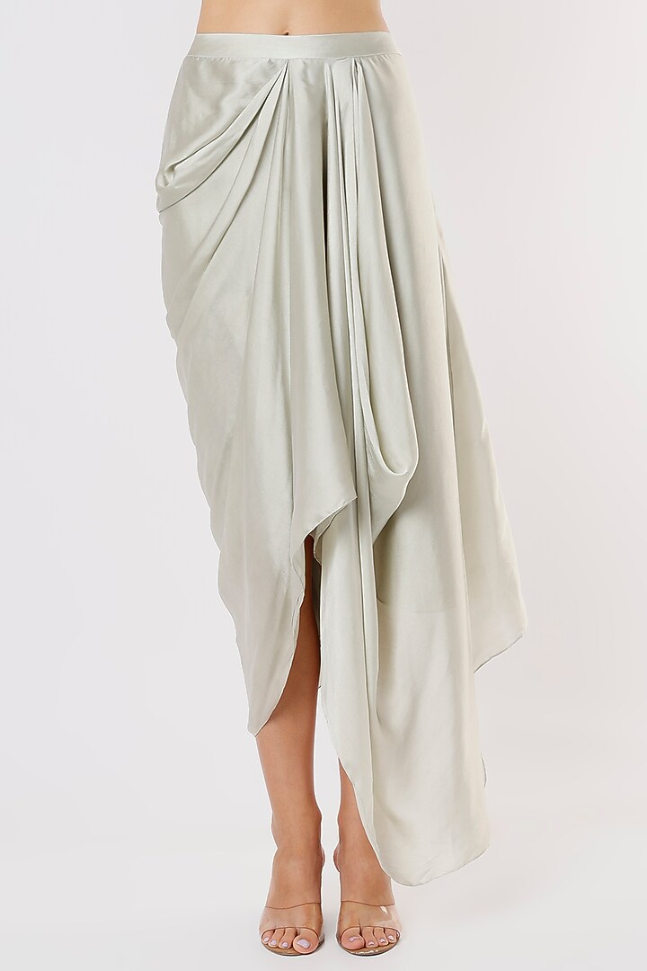 Dusty Green Pure Satin Draped Skirt Set by COUTURE BY NIHARIKA at Pernia's Pop Up Shop