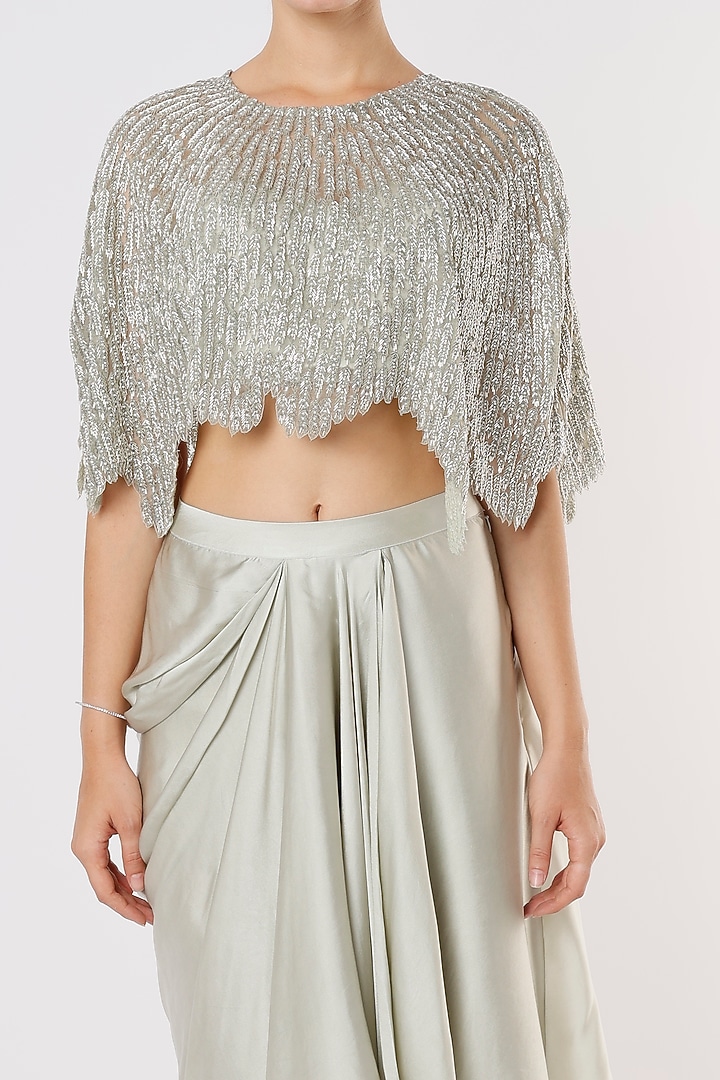 Dusty Green Pure Satin Draped Skirt Set by COUTURE BY NIHARIKA at Pernia's Pop Up Shop