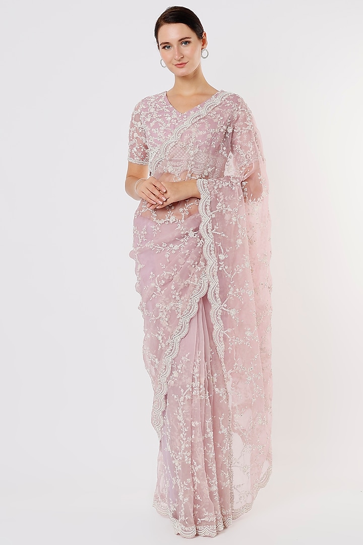 Lilac Embroidered Saree Set by COUTURE BY NIHARIKA at Pernia's Pop Up Shop