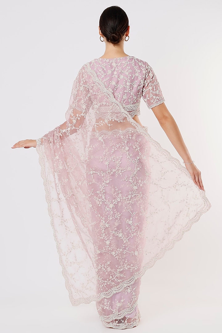 Lilac Embroidered Reception Saree Set by COUTURE BY NIHARIKA at Pernia's Pop Up Shop