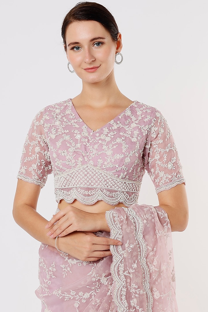 Lilac Embroidered Reception Saree Set by COUTURE BY NIHARIKA at Pernia's Pop Up Shop