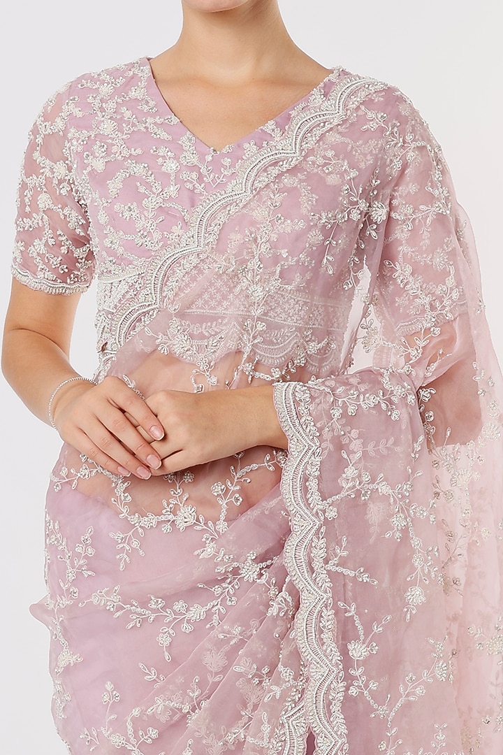 Lilac Embroidered Reception Saree Set by COUTURE BY NIHARIKA at Pernia's Pop Up Shop