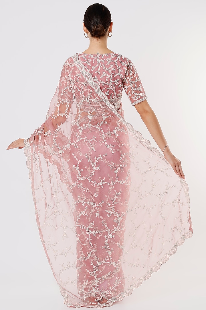 Old Rose Embroidered Reception Saree Set by COUTURE BY NIHARIKA at Pernia's Pop Up Shop