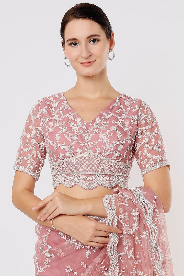 Old Rose Embroidered Reception Saree Set by COUTURE BY NIHARIKA at Pernia's Pop Up Shop