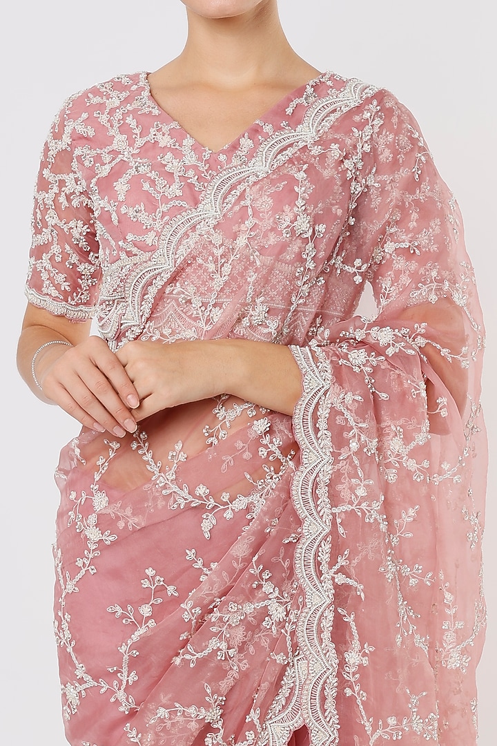Old Rose Embroidered Reception Saree Set by COUTURE BY NIHARIKA at Pernia's Pop Up Shop