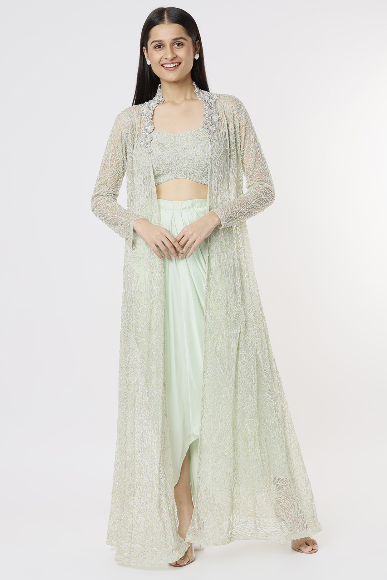 Mint Pure Satin Draped Skirt Set With Net Jacket by COUTURE