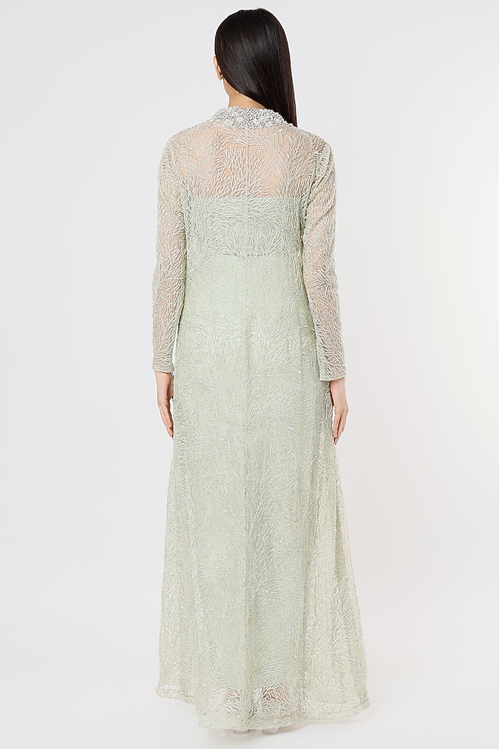 Mint Pure Satin Draped Skirt Set With Net Jacket by COUTURE BY NIHARIKA at Pernia's Pop Up Shop