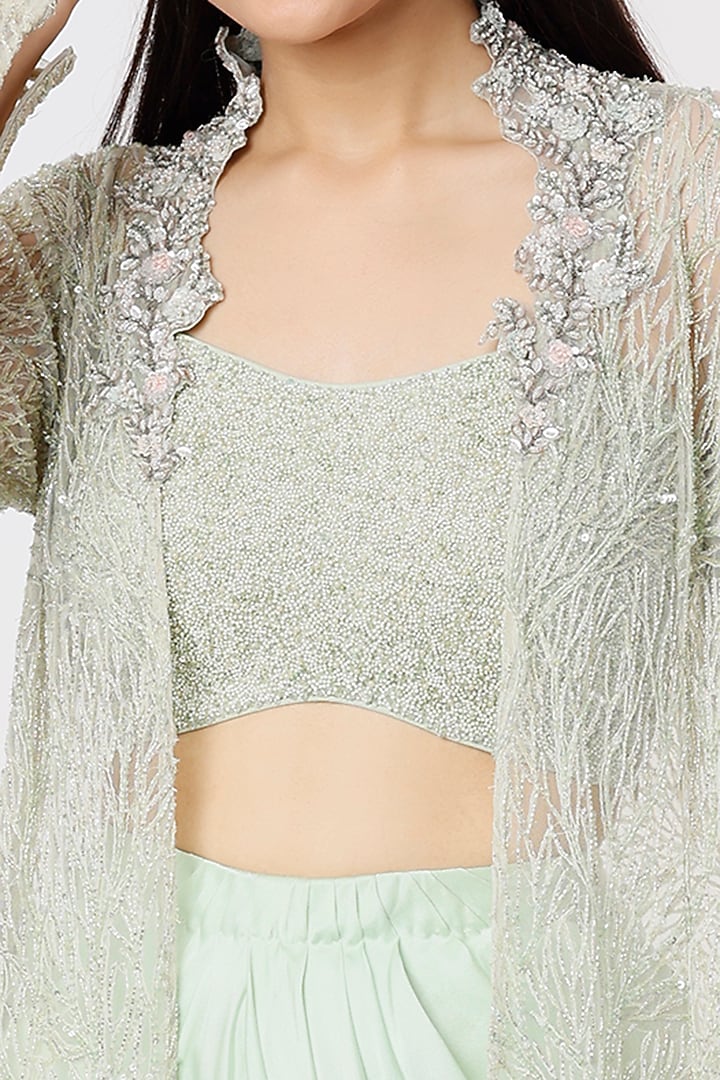 Mint Pure Satin Draped Skirt Set With Net Jacket by COUTURE BY