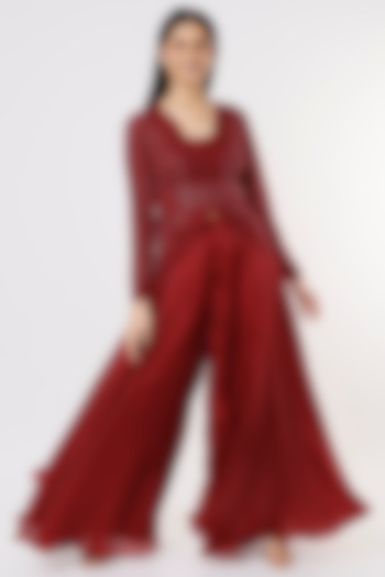 Cayenne Red Organza Flared Pant Set by COUTURE BY NIHARIKA