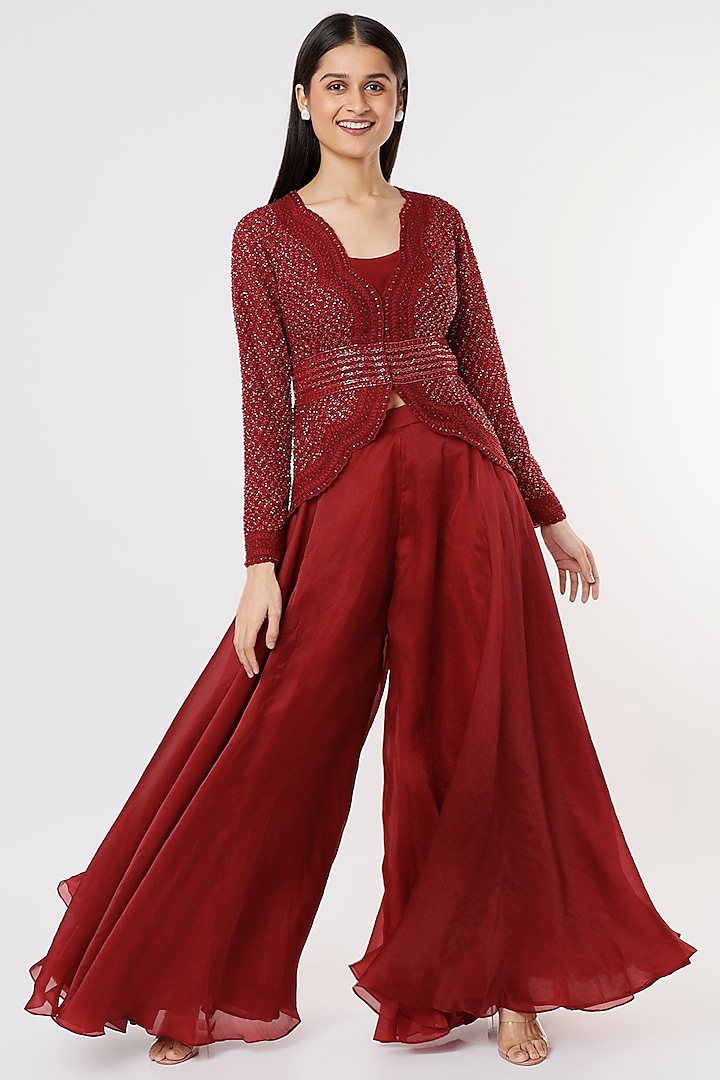 Cayenne Red Organza Flared Pant Set by COUTURE BY NIHARIKA