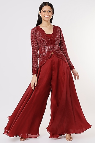 Cayenne Red Organza Flared Pant Set by COUTURE BY NIHARIKA