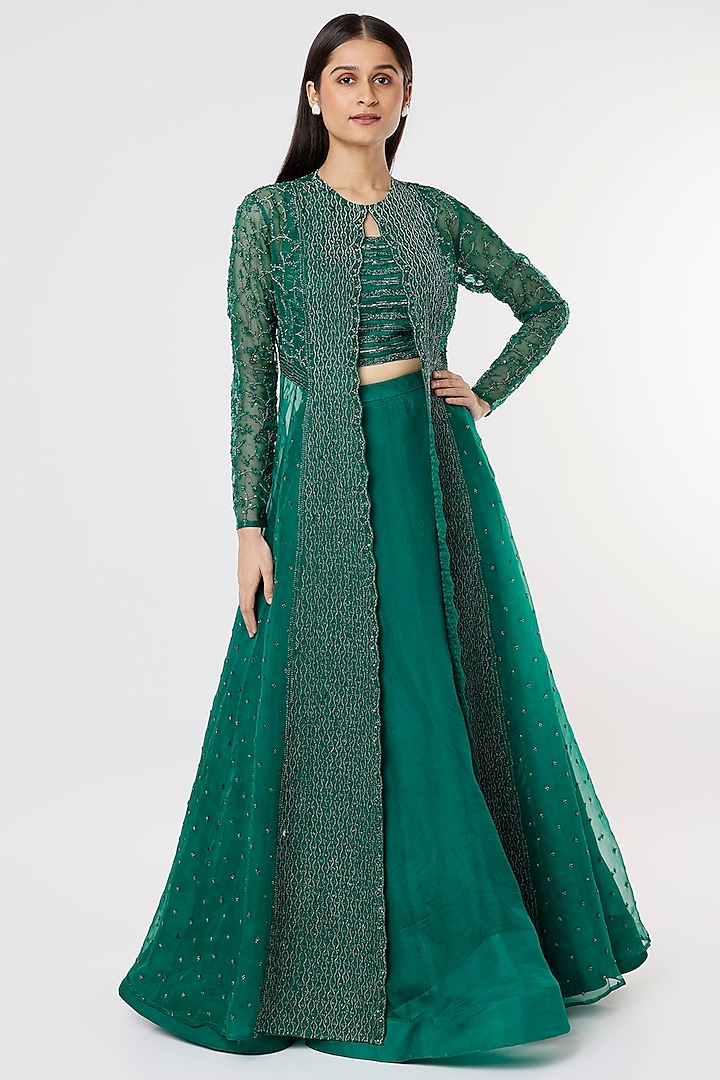 Emerald Green Hand Embroidered Jacket Set by COUTURE BY NIHARIKA at Pernia's Pop Up Shop