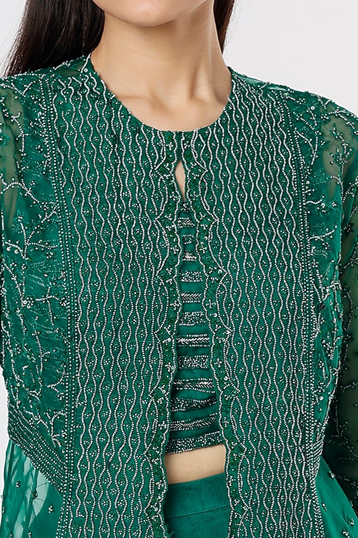 Emerald Green Hand Embroidered Jacket Set by COUTURE BY NIHARIKA at Pernia's Pop Up Shop