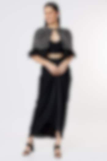 Black Draped Skirt Set With Hand Embroidered Cape by COUTURE BY NIHARIKA
