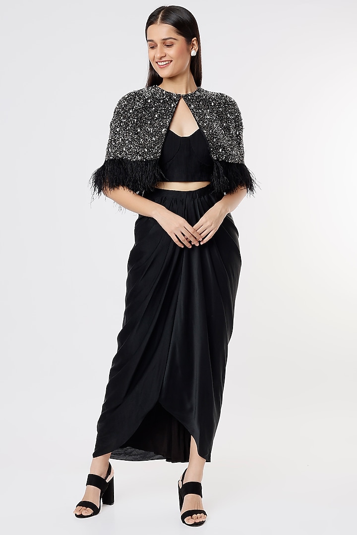 Black Draped Skirt Set With Hand Embroidered Cape by COUTURE BY NIHARIKA