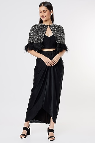 Black Draped Skirt Set With Hand Embroidered Cape by COUTURE BY NIHARIKA