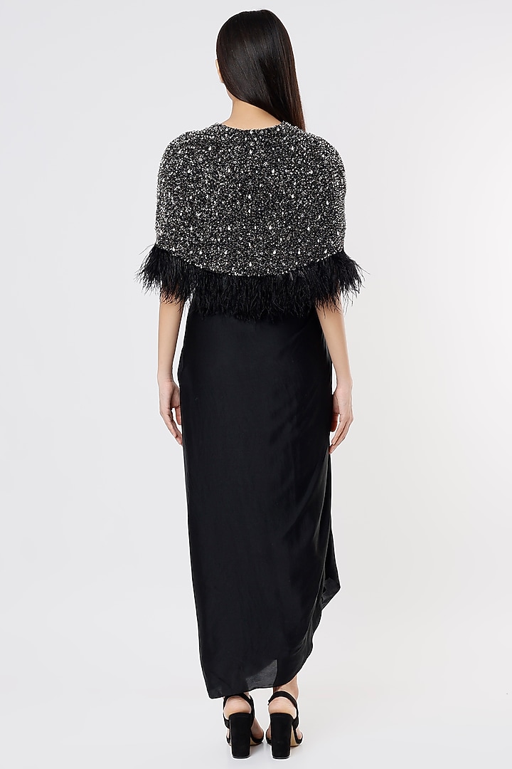 Black Draped Skirt Set With Hand Embroidered Cape by COUTURE BY NIHARIKA at Pernia's Pop Up Shop