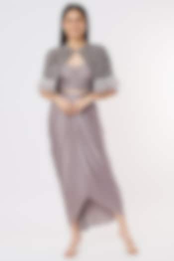 Grey Draped Skirt Set With Hand Embroidered Cape by COUTURE BY NIHARIKA