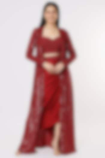 Cayenne Red Georgette Jacket Set by COUTURE BY NIHARIKA at Pernia's Pop Up Shop