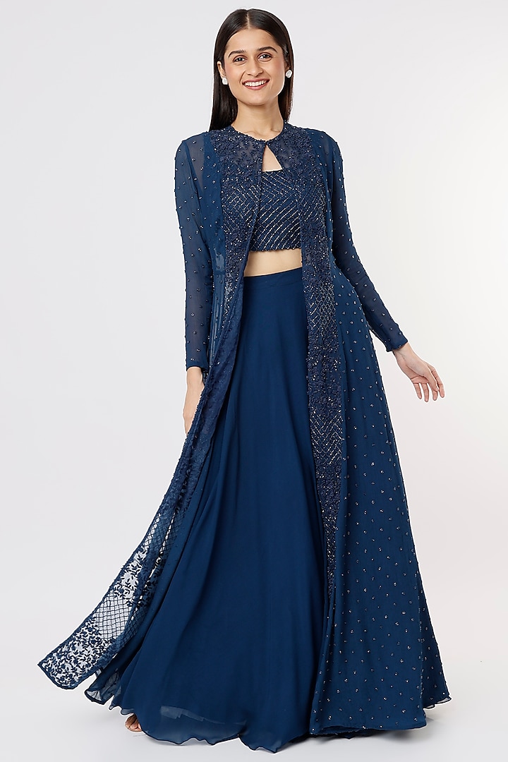 Dark Blue Hand Embroidered Jacket Set by COUTURE BY NIHARIKA at Pernia's Pop Up Shop