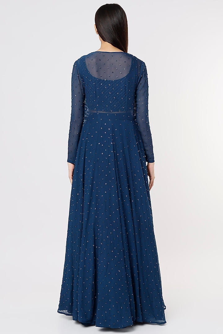 Dark Blue Hand Embroidered Jacket Set by COUTURE BY NIHARIKA at Pernia's Pop Up Shop