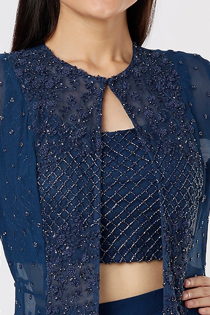 Dark Blue Hand Embroidered Jacket Set by COUTURE BY NIHARIKA at Pernia's Pop Up Shop