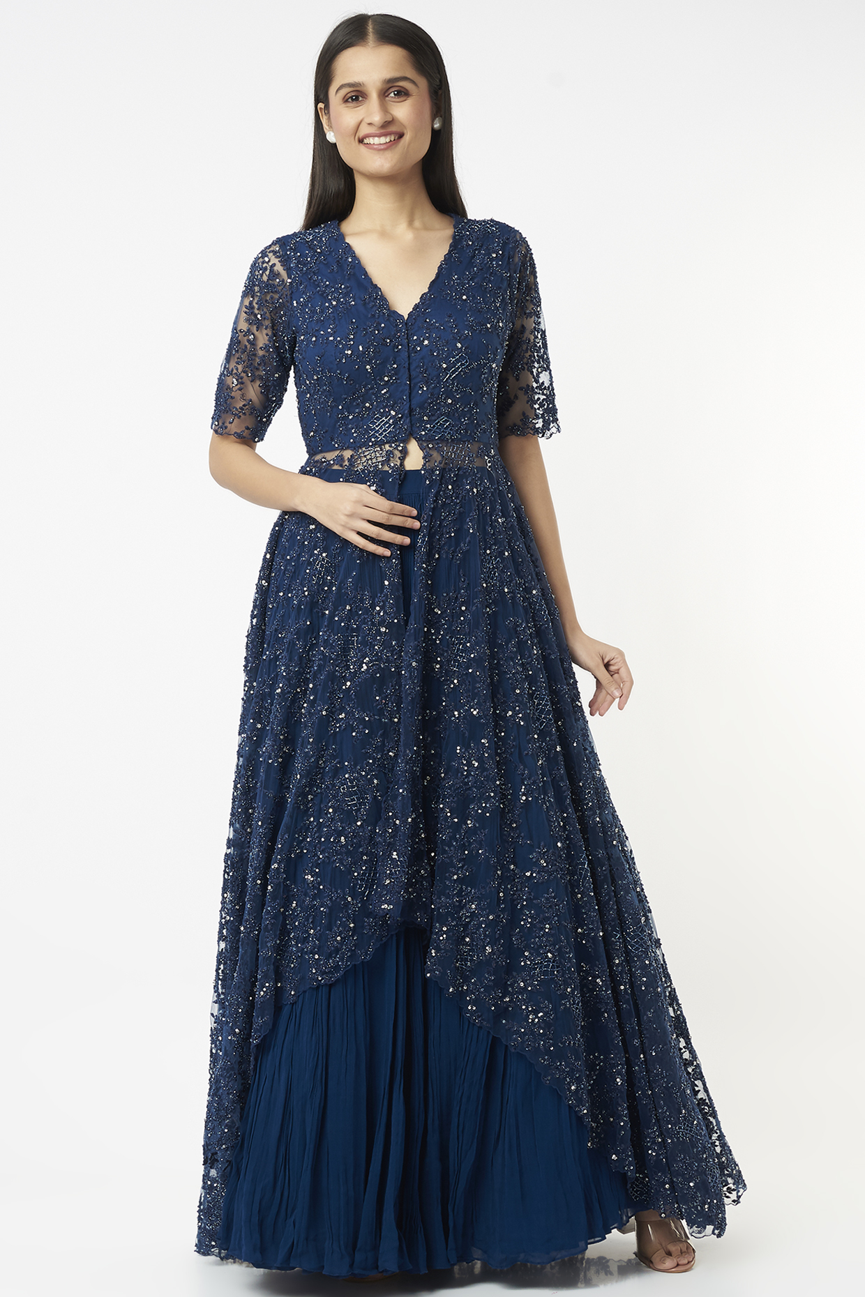 Cobalt Blue Machine & Hand Embroidered Jacket Set by COUTURE BY NIHARIKA at Pernia's Pop Up Shop