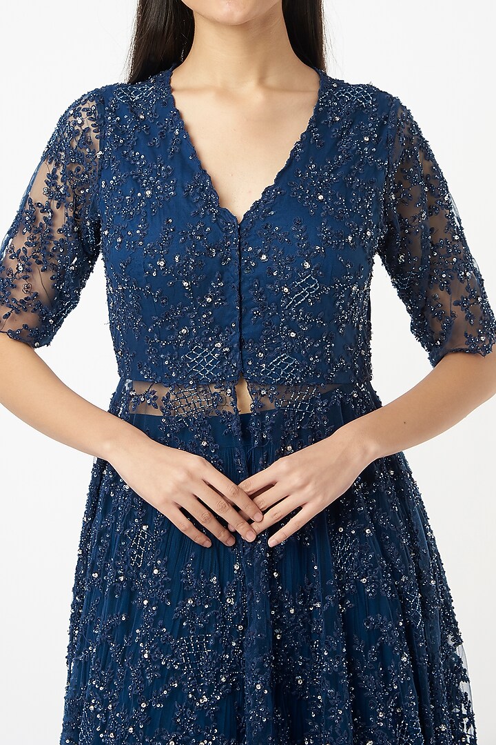Cobalt Blue Machine & Hand Embroidered Jacket Set by COUTURE BY NIHARIKA at Pernia's Pop Up Shop