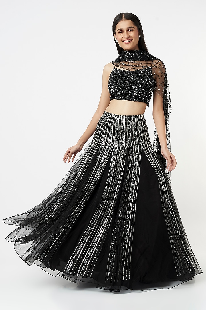 Black & Silver Embroidered Lehenga Set by COUTURE BY NIHARIKA