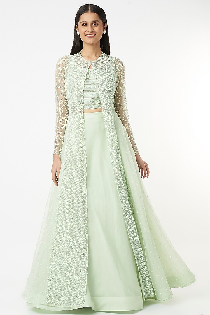 Mint Hand Embroidered Jacket Set by COUTURE BY NIHARIKA