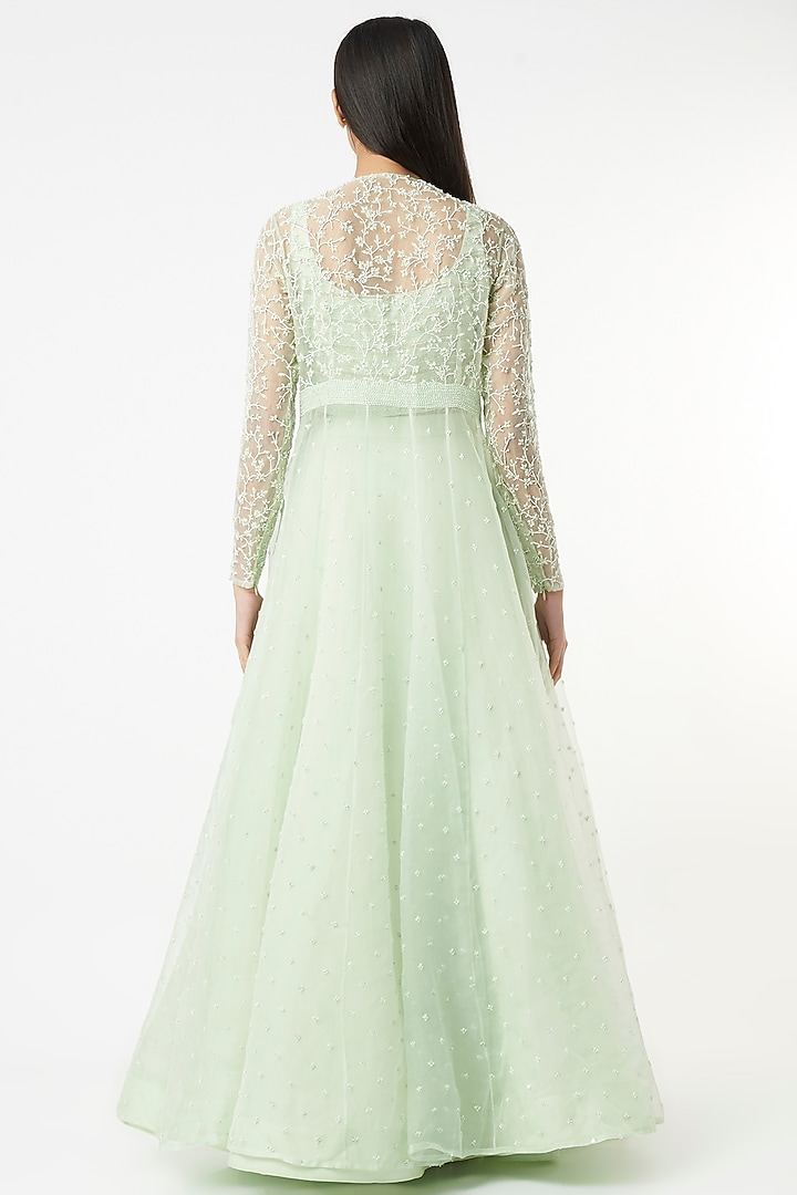 Mint Hand Embroidered Jacket Set by COUTURE BY NIHARIKA at Pernia's Pop Up Shop