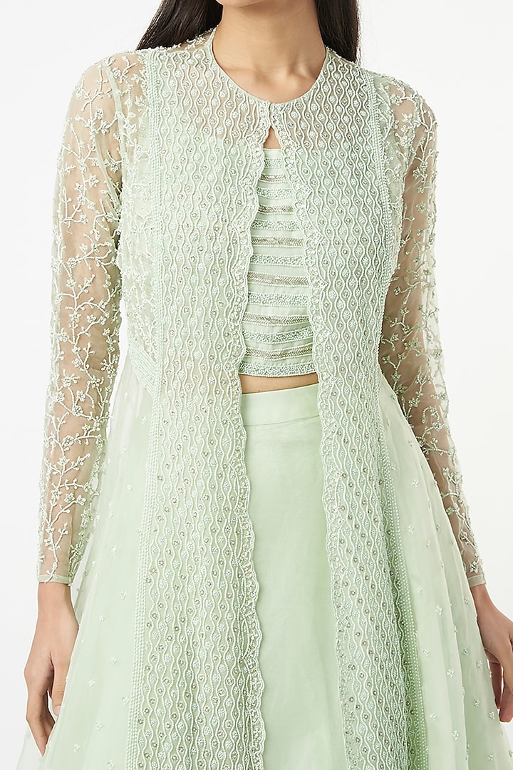 Mint Hand Embroidered Jacket Set by COUTURE BY NIHARIKA at Pernia's Pop Up Shop