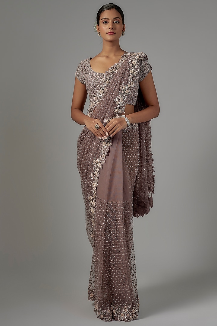 Dusty Purple Net & Viscose Embroidered Saree Set by COUTURE BY NIHARIKA