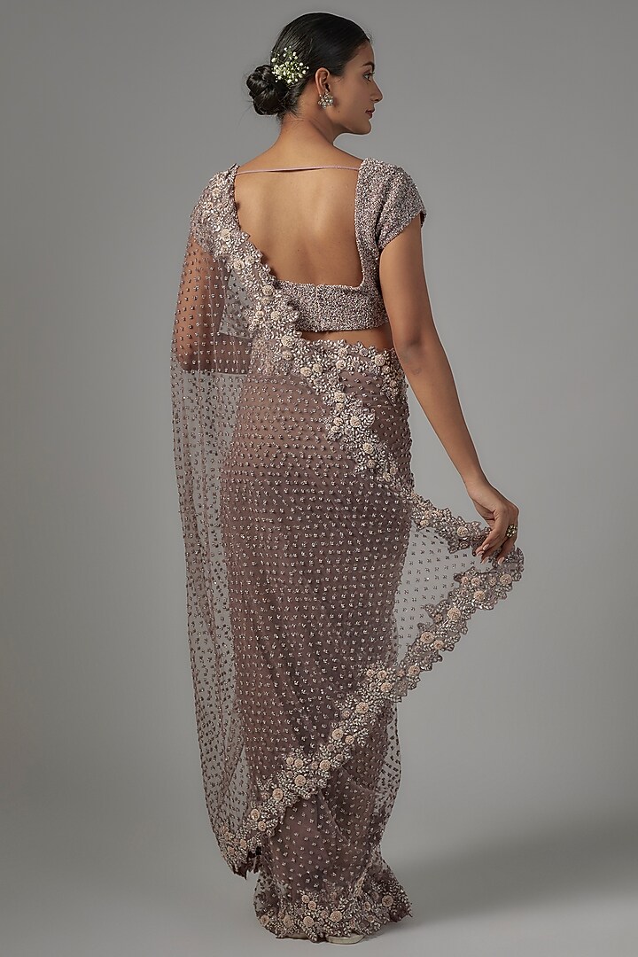Dusty Purple Net & Viscose Embroidered Reception Saree Set by COUTURE BY NIHARIKA at Pernia's Pop Up Shop