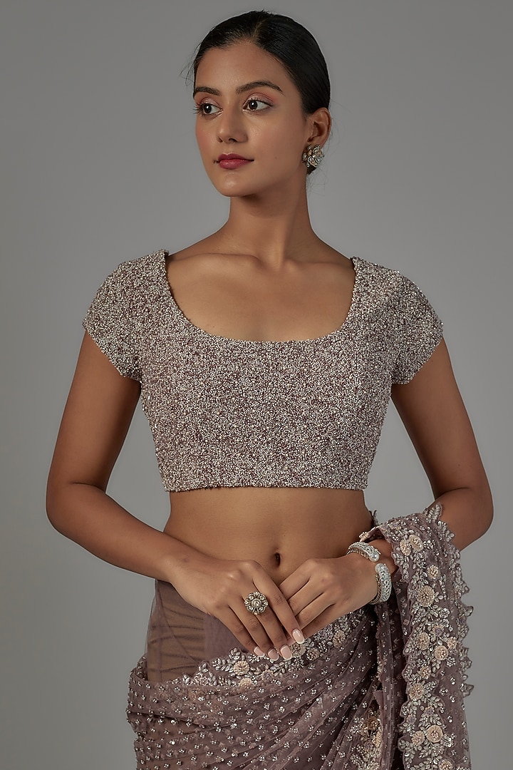 Dusty Purple Net & Viscose Embroidered Reception Saree Set by COUTURE BY NIHARIKA at Pernia's Pop Up Shop