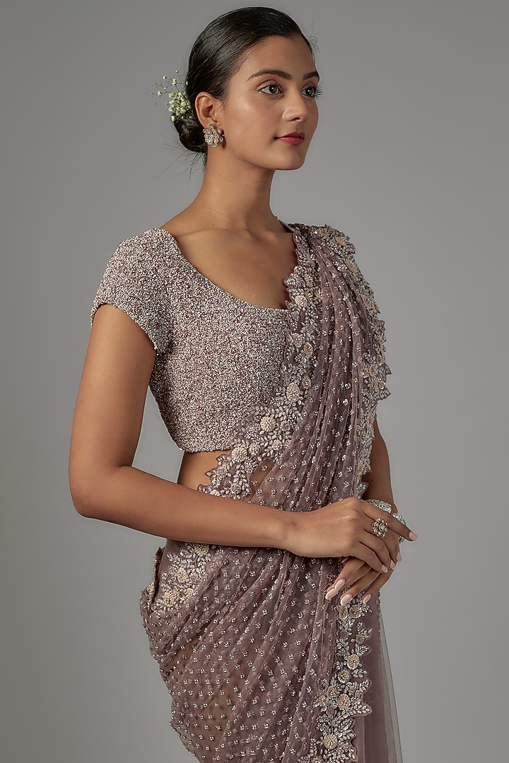 Dusty Purple Net & Viscose Embroidered Reception Saree Set by COUTURE BY NIHARIKA at Pernia's Pop Up Shop