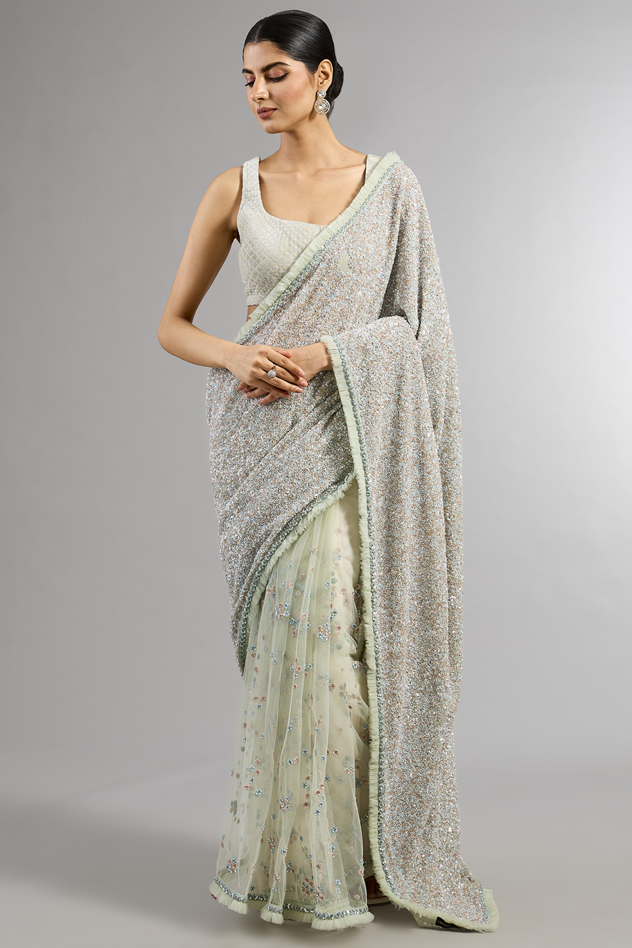 Powder Blue Georgette Sequins & Cutdana Embellished Saree Set by COUTURE BY NIHARIKA at Pernia's Pop Up Shop