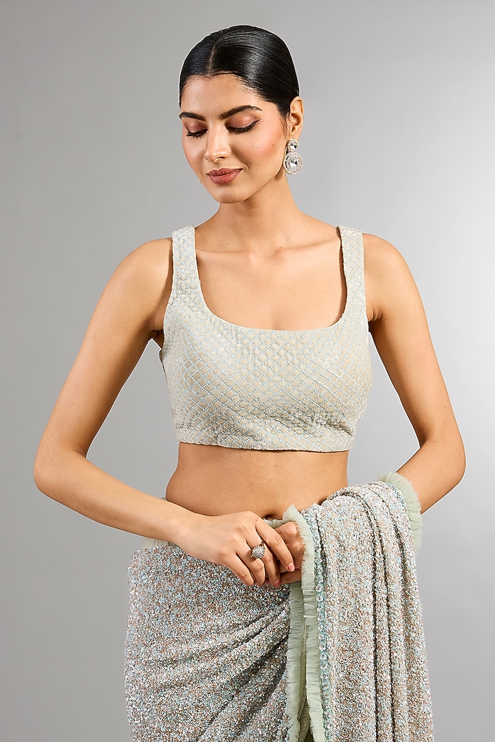 Powder Blue Georgette Sequins & Cutdana Embellished Reception Saree Set by COUTURE BY NIHARIKA at Pernia's Pop Up Shop