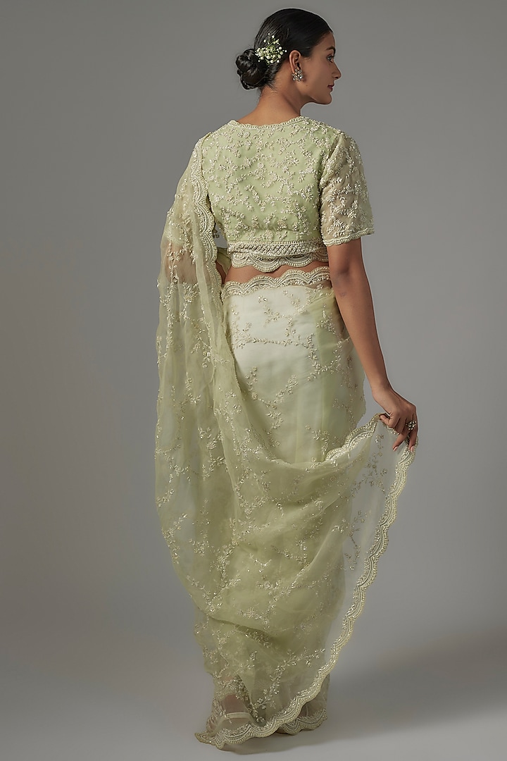 Mint Green Organza Embroidered Reception Saree Set by COUTURE BY NIHARIKA at Pernia's Pop Up Shop