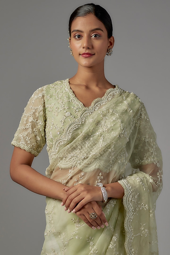 Mint Green Organza Embroidered Reception Saree Set by COUTURE BY NIHARIKA at Pernia's Pop Up Shop