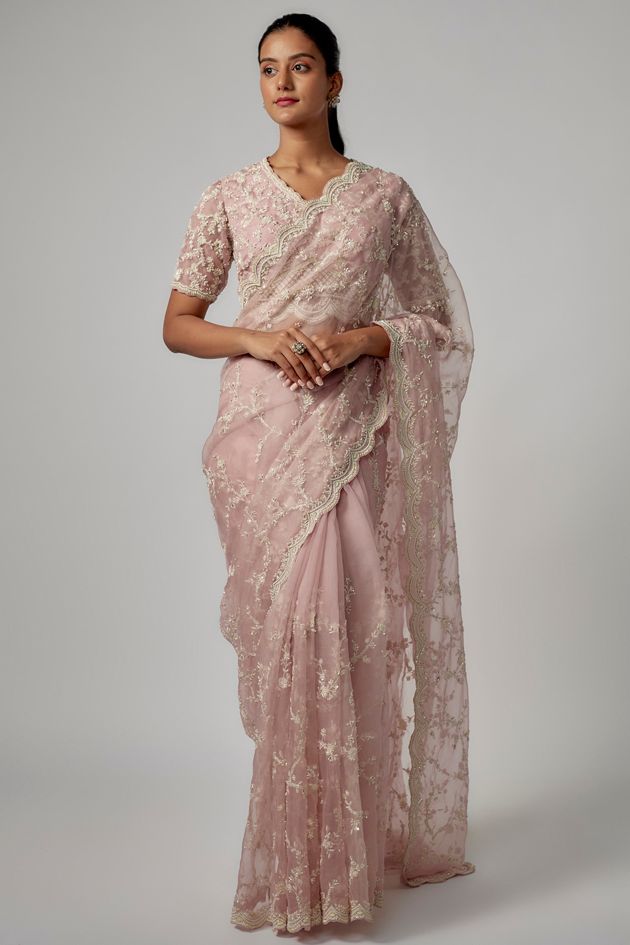 Buy Cassie Powder Pink Embroidered Tulle Saree